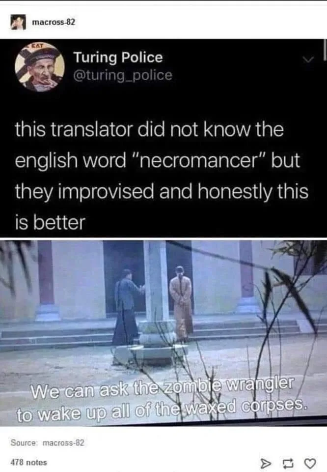 A screenshot of a tweet from 'Turing Police' shows a scene from a movie or show where two characters stand near a stone…