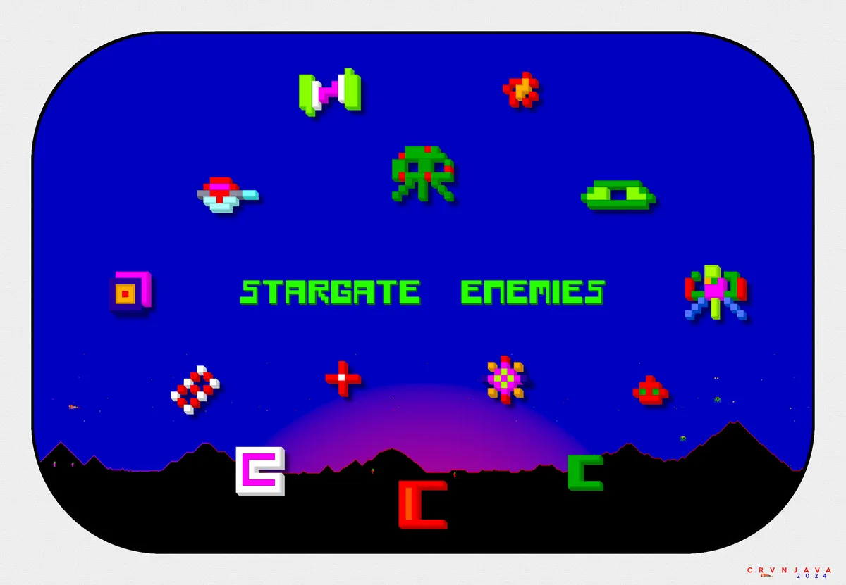 A retro-style pixel art image displays various colorful alien enemies from the Stargate universe against a blue space…