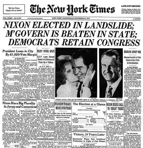A black-and-white newspaper front page from The New York Times dated November 8, 1972, with large headline text announcing…