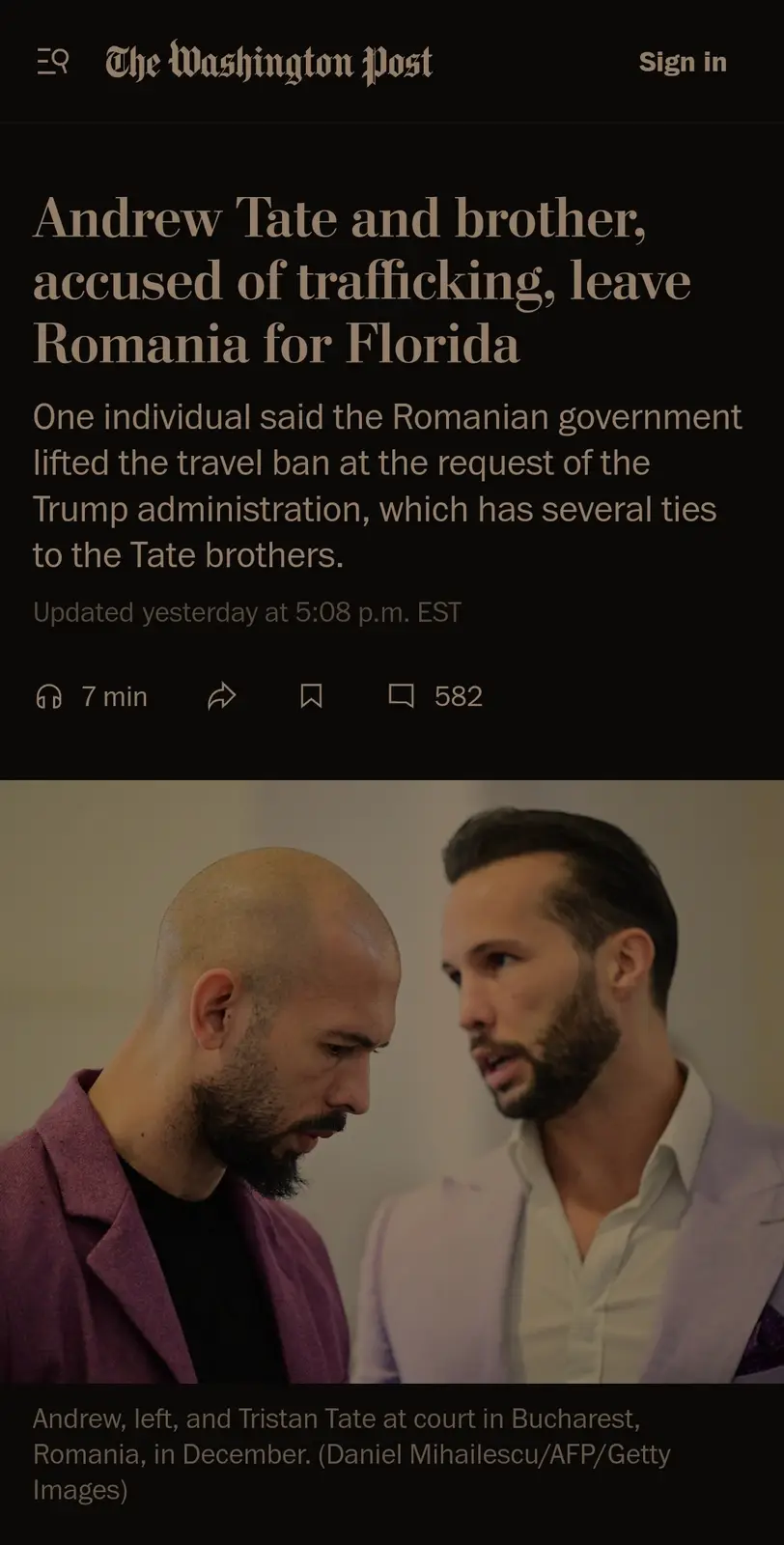 A screenshot of a Washington Post article shows two men, Andrew Tate (left, bald) and Tristan Tate (right, with hair)…