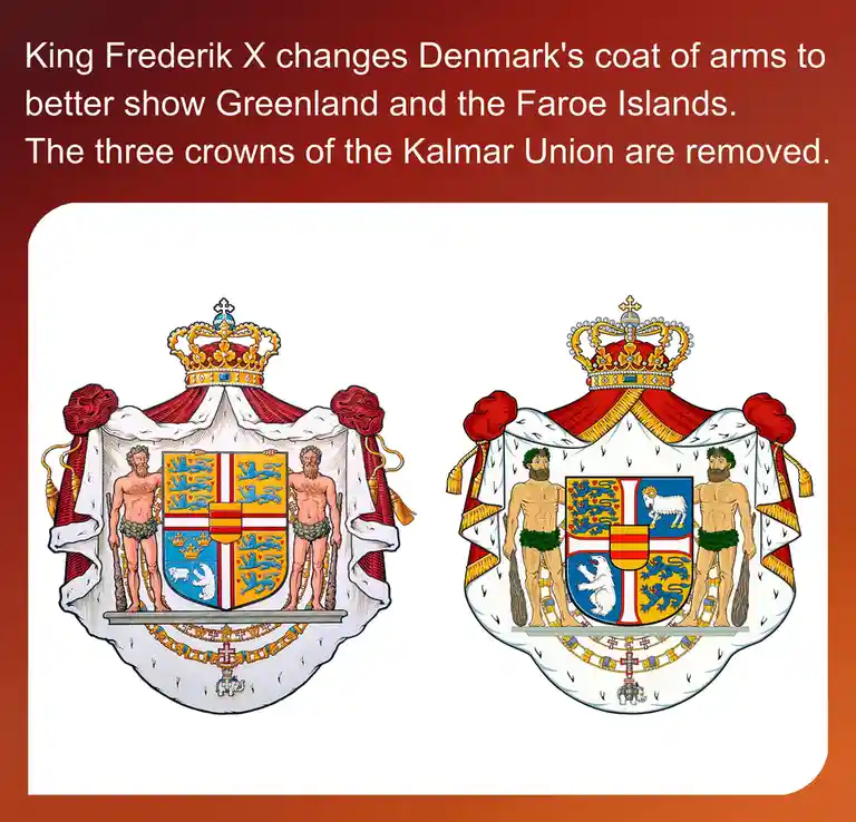 The image displays two versions of Denmark's coat of arms side-by-side. The left version shows the traditional design with…