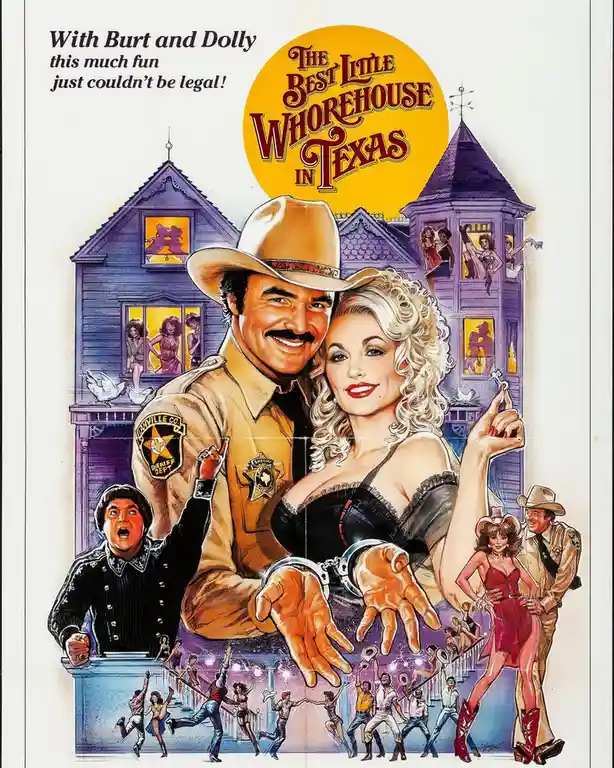 This is a vintage movie poster for 'The Best Little Whorehouse in Texas,' featuring a smiling sheriff and a blonde woman in…