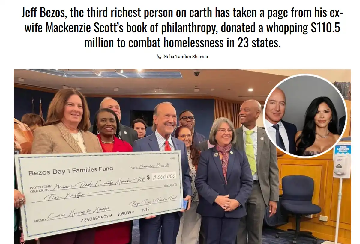 A group of people, including Jeff Bezos, stand together holding a large check for $5 million to Miami-Dade County Homeless…