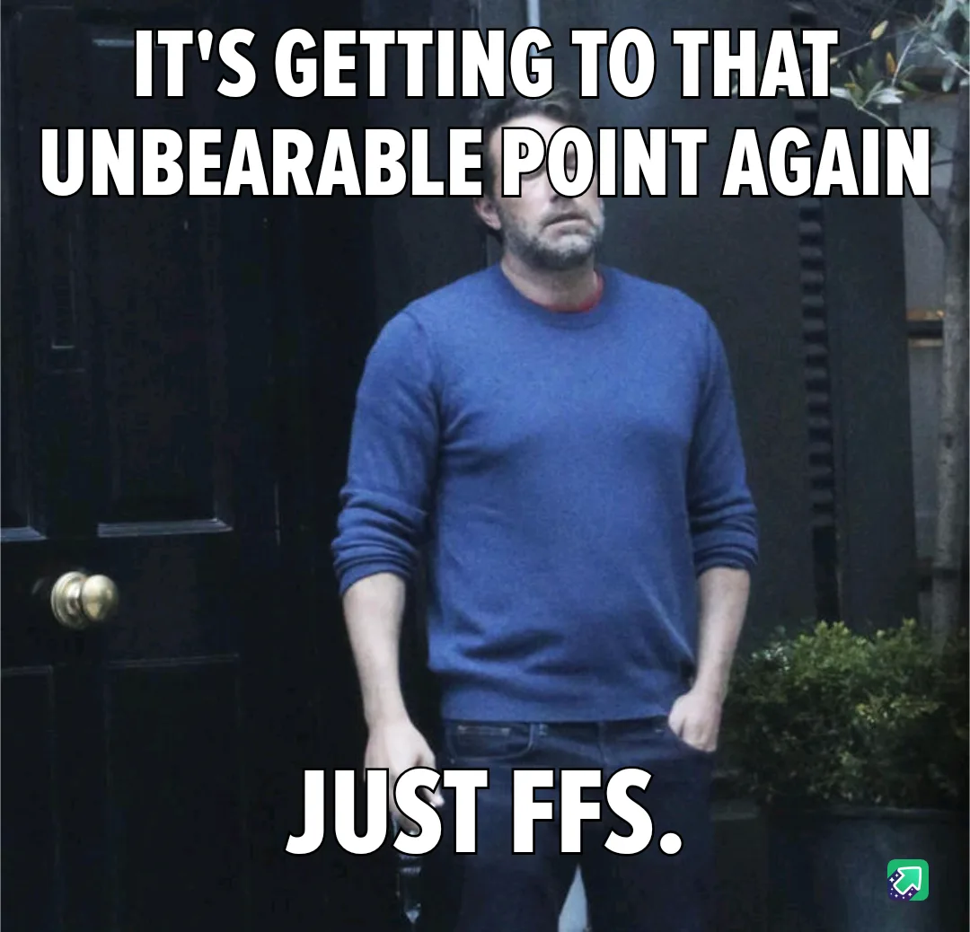 A man in a blue sweater stands in front of a dark door with a weary, exasperated expression. Large white text overlays the…