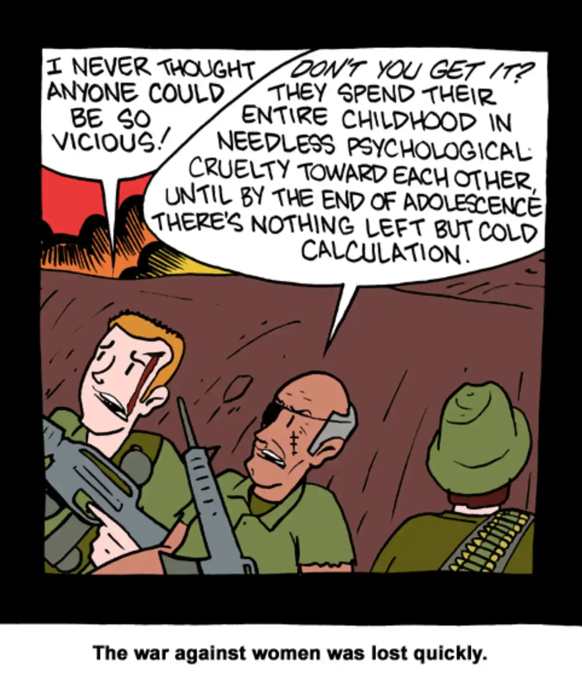 A comic panel shows three soldiers in a trench. One soldier exclaims, 'I NEVER THOUGHT ANYONE COULD BE SO VICIOUS!' while…