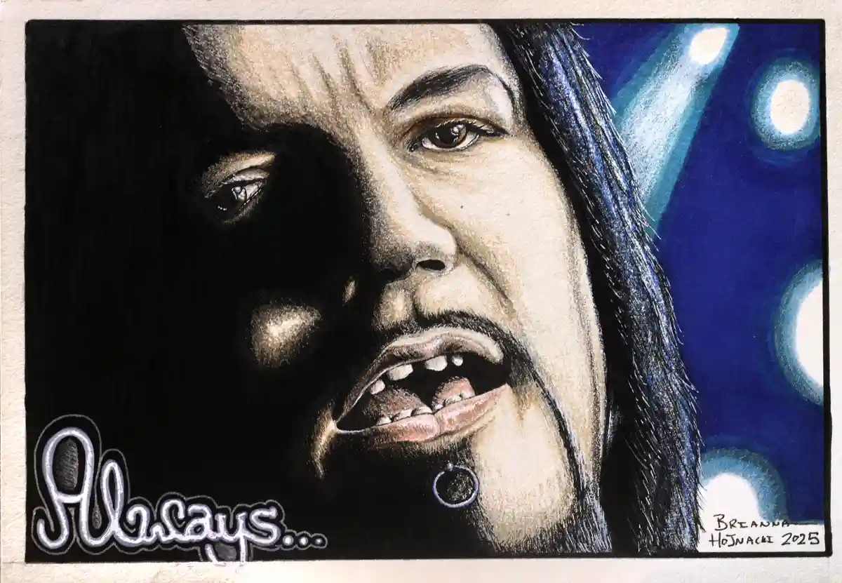 A detailed colored pencil drawing of a person with long dark hair, a goatee, and a lip piercing, shown in a dramatic stage…
