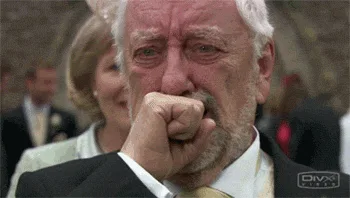 A six-panel sequence shows an elderly man in a suit and tie, visibly emotional at what appears to be a wedding. He begins by…