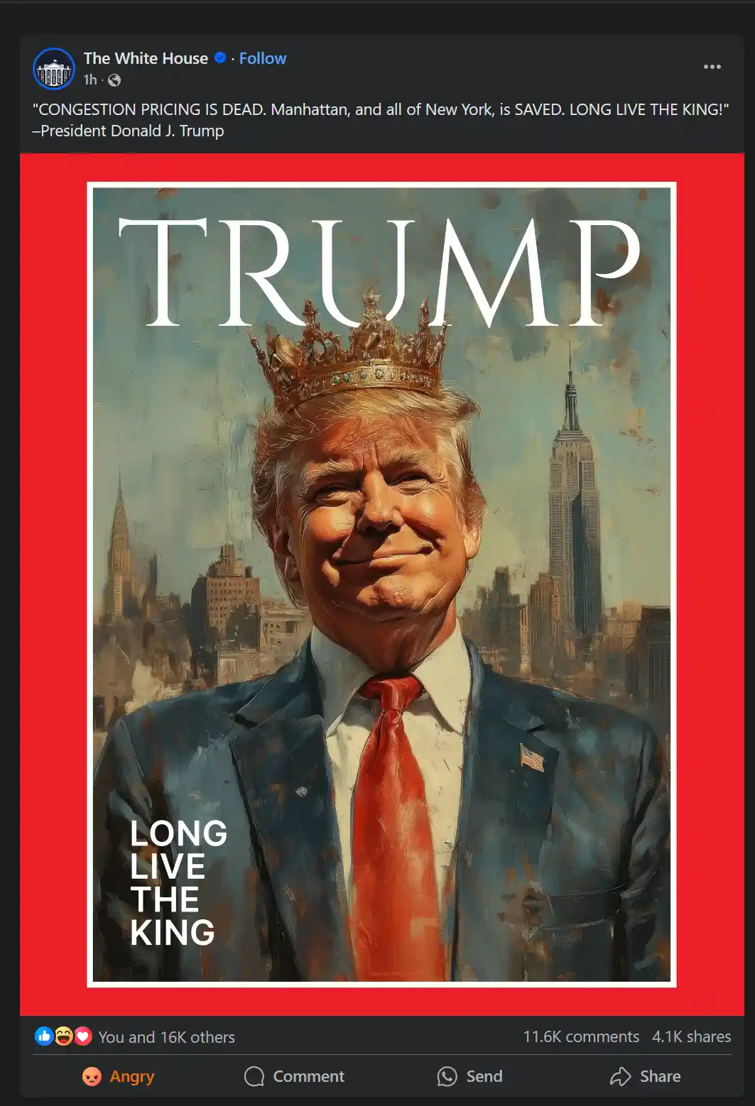 An illustrated image shows Donald Trump wearing a golden crown, smiling, against a New York City skyline with the Empire…