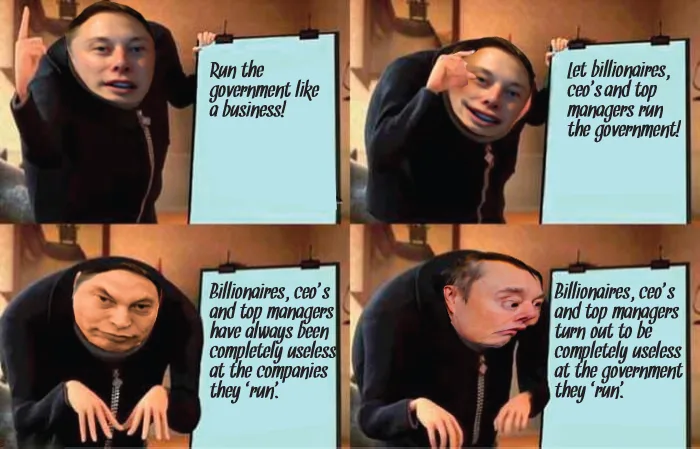 A four-panel meme featuring Elon Musk's face morphing from confident to horrified as he holds signs. The first panel says…