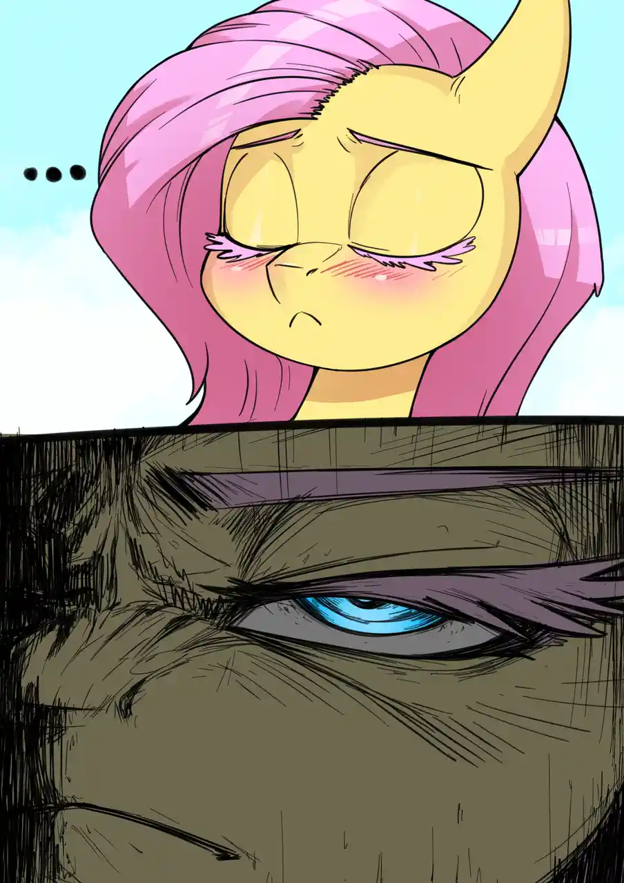 A cartoon pony with pink hair and a yellow face looks down with a sad, blushing expression from above a wooden fence. Below…