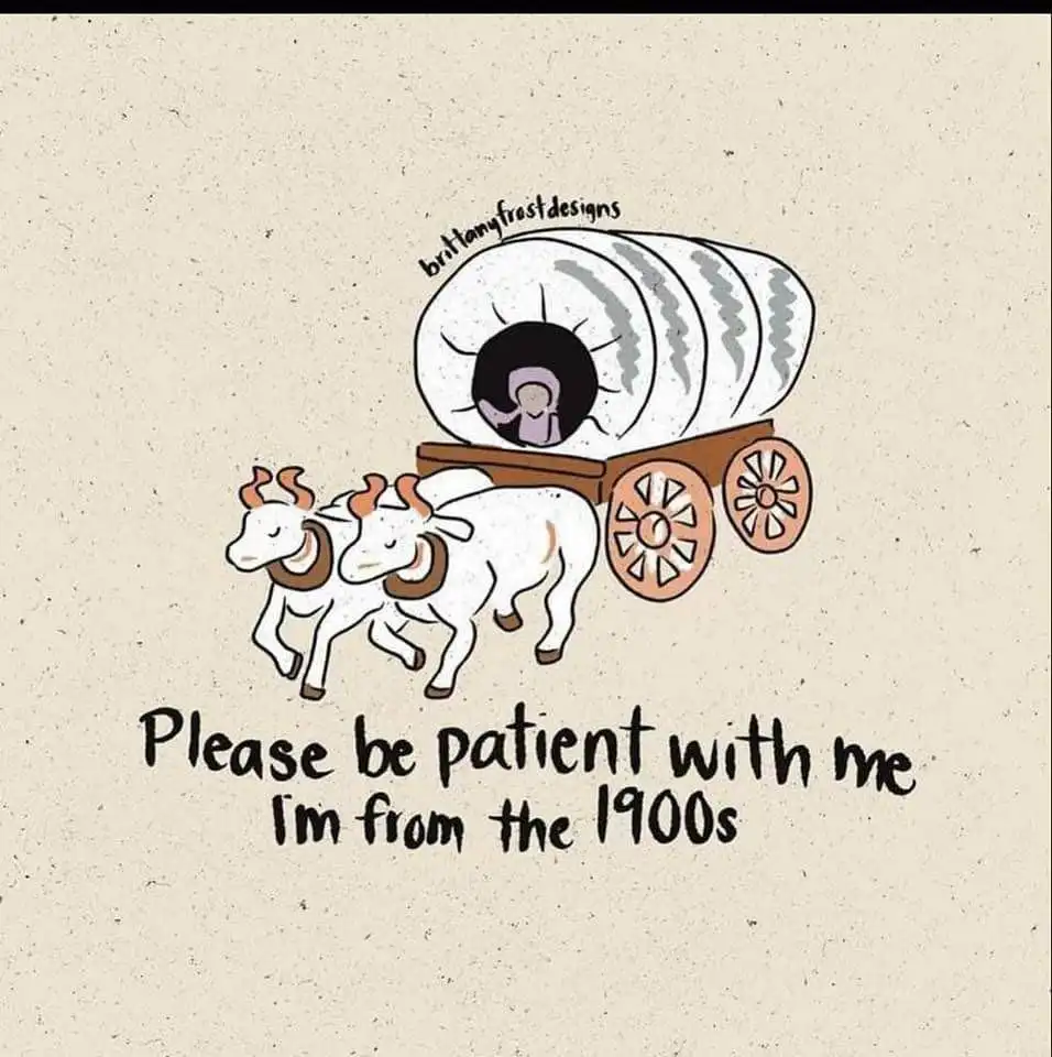 An illustrated cartoon depicts a covered wagon pulled by two white oxen, with a person visible inside the wagon. The text…
