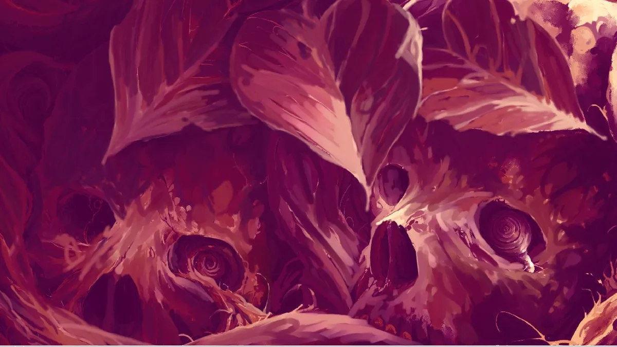 A dark, painterly image shows two skulls with swirling vortex eyes, partially obscured by large, leaf-like structures in…