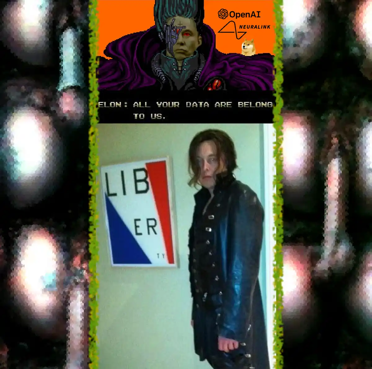The image is a two-panel meme. The top panel shows a pixelated, cyberpunk-style character with a purple cloak and red eyes…