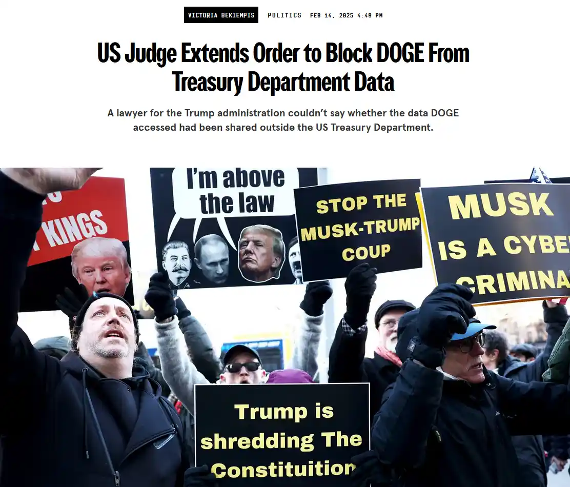 A screenshot of a news article with the headline 'US Judge Extends Order to Block DOGE From Treasury Department Data' is…