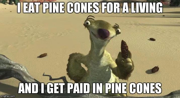 A cartoon sloth from 'Ice Age' stands in a sandy desert, holding a pine cone in one hand while several others lie scattered…