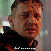 Six identical frames show actor Jeremy Renner with a weary, grim expression, wet hair, and a dark jacket, repeating the…