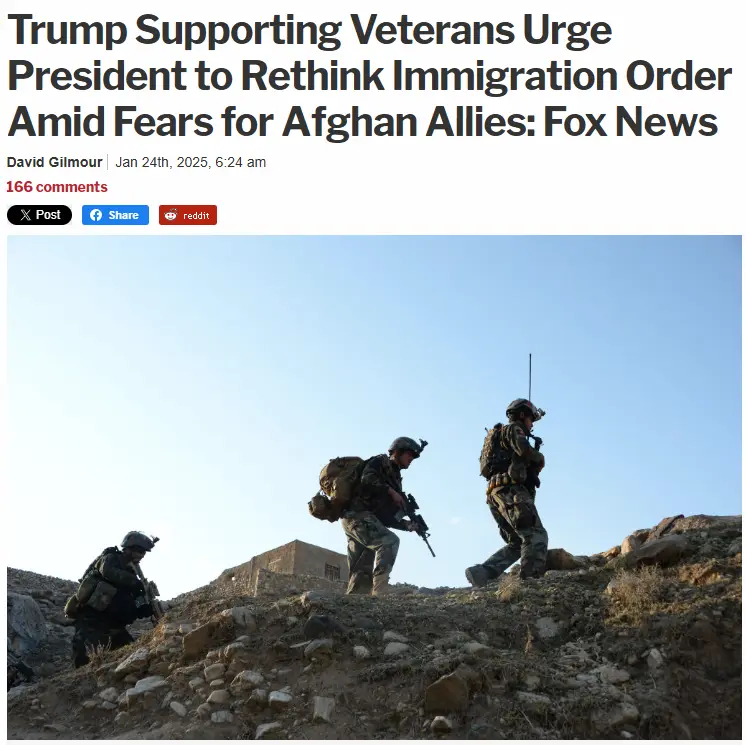 A screenshot of a Fox News article header with a photo of three soldiers in combat gear walking uphill on a rocky terrain…