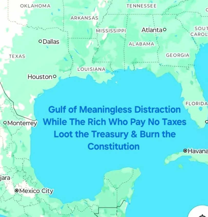 A map of the southeastern United States and the Gulf of Mexico, with the Gulf of Mexico labeled as 'Gulf of Meaningless…