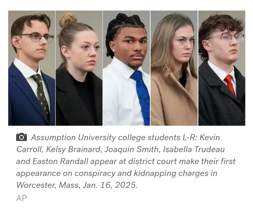 Five young adults in formal attire are shown in a row, each with a serious, unsmiling expression. The image is a news photo…