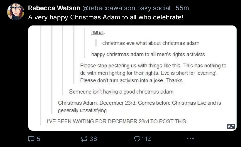 A screenshot of a social media post by Rebecca Watson wishing a happy Christmas to 'Adam' and all who celebrate. The post…