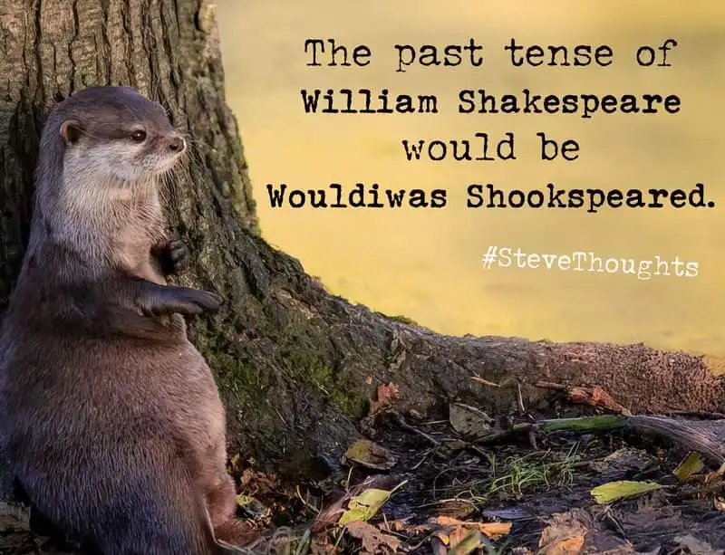 An otter sits upright against a tree trunk in a natural setting with fallen leaves and moss. Overlaid text reads: 'The past…