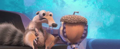 The image shows six panels of the animated character Scrat from Ice Age, sitting in a theater seat and repeatedly trying to…