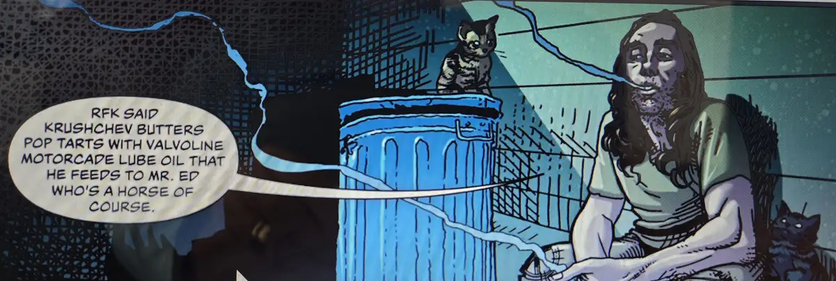 A comic panel shows a man with long hair and a beard sitting beside a blue trash can, with two cats nearby. A speech bubble…