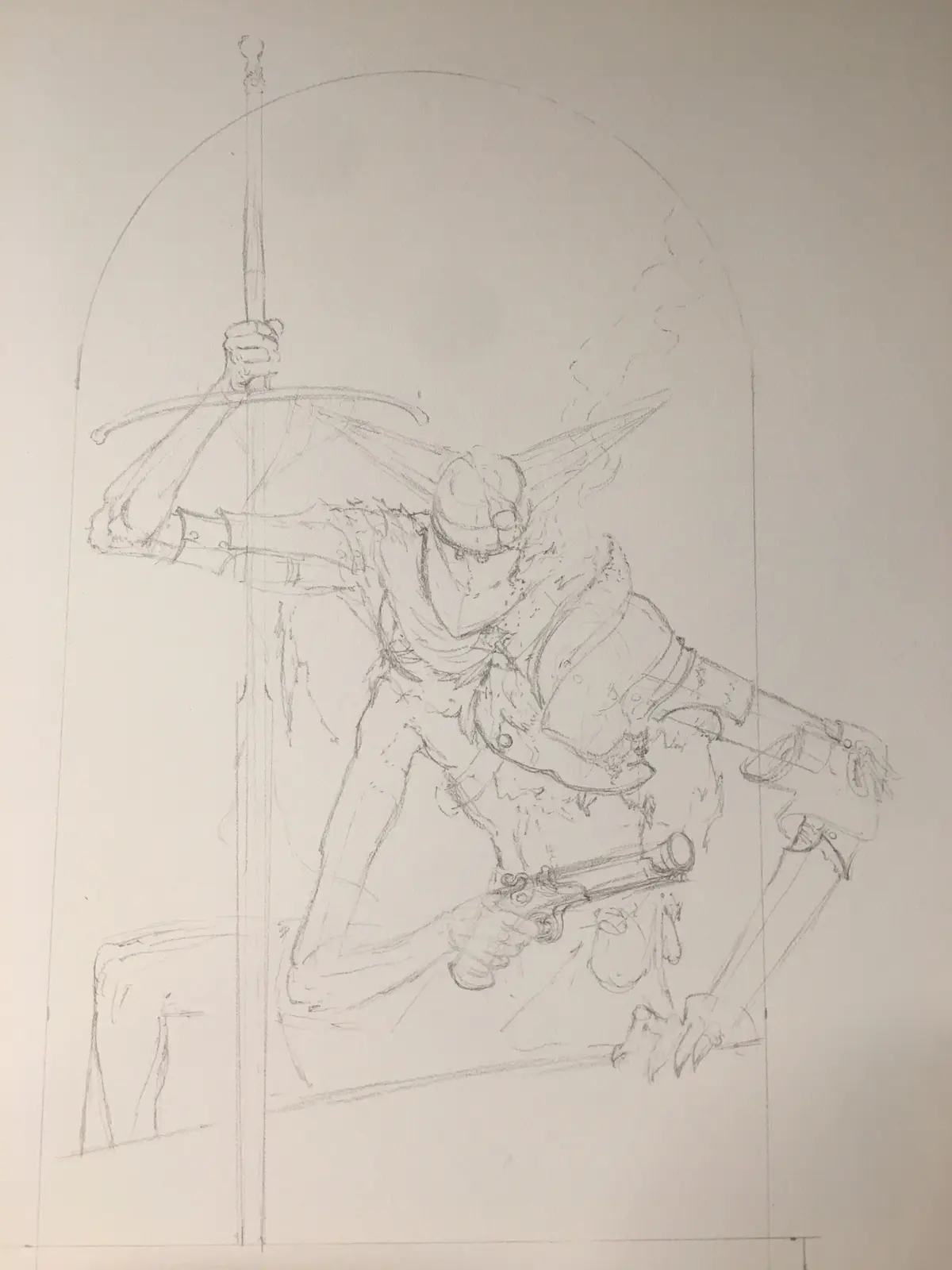 A pencil sketch of a fantasy warrior holding a sword and a pistol, drawn within an arched composition, with the overlaid…