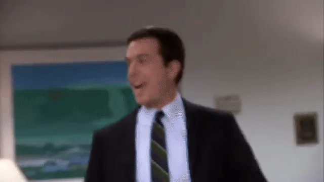A man in a suit and tie is shown in three panels escalating from smiling to yelling with his hand to his ear, then in three…
