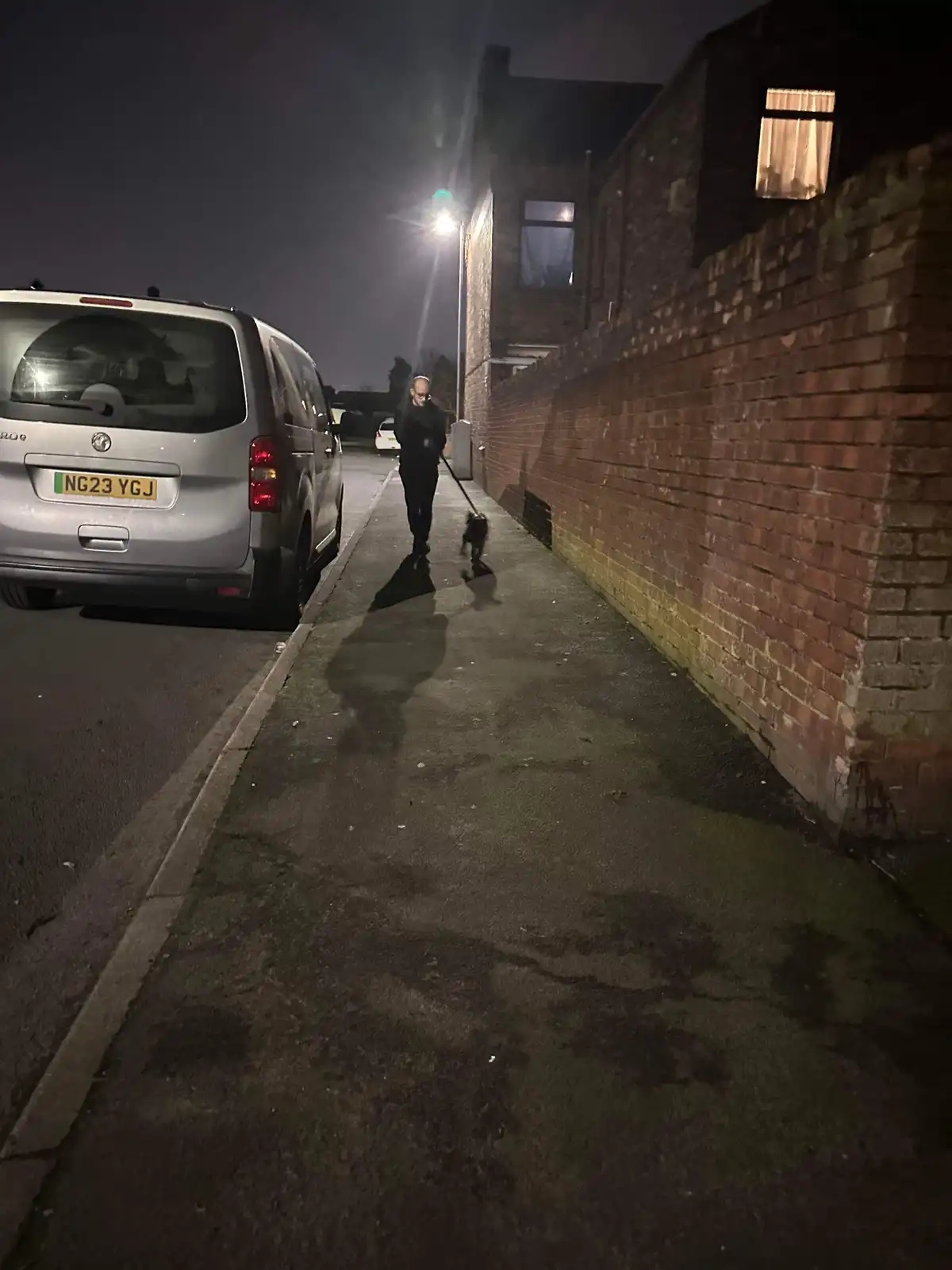 A person walks a small dog on a leash down a narrow, dimly lit sidewalk at night, with a brick wall on one side and a parked…