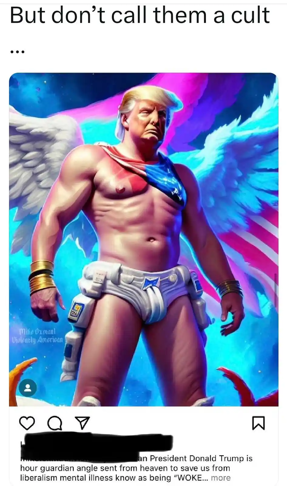 An AI-generated image depicts Donald Trump as a muscular, winged angel with a stern expression, wearing a red, white, and…