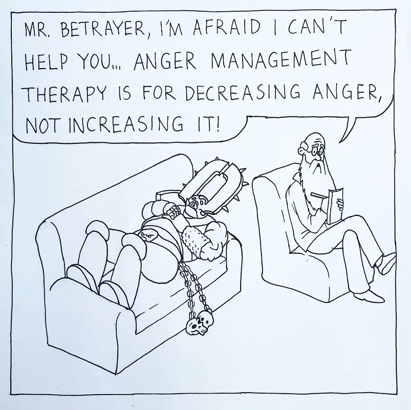 A black-and-white cartoon depicts a man in chains and a spiked collar lying on a couch, while a bearded therapist in an…
