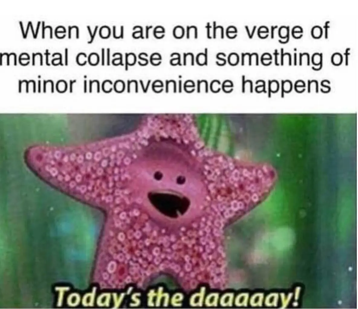 A pink, cartoonish starfish with a wide, joyful expression and open mouth is shown against a green, underwater background…