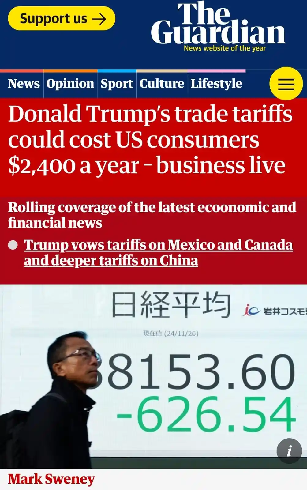The image shows a screenshot of The Guardian's news website with a headline about Donald Trump's tariffs costing US…