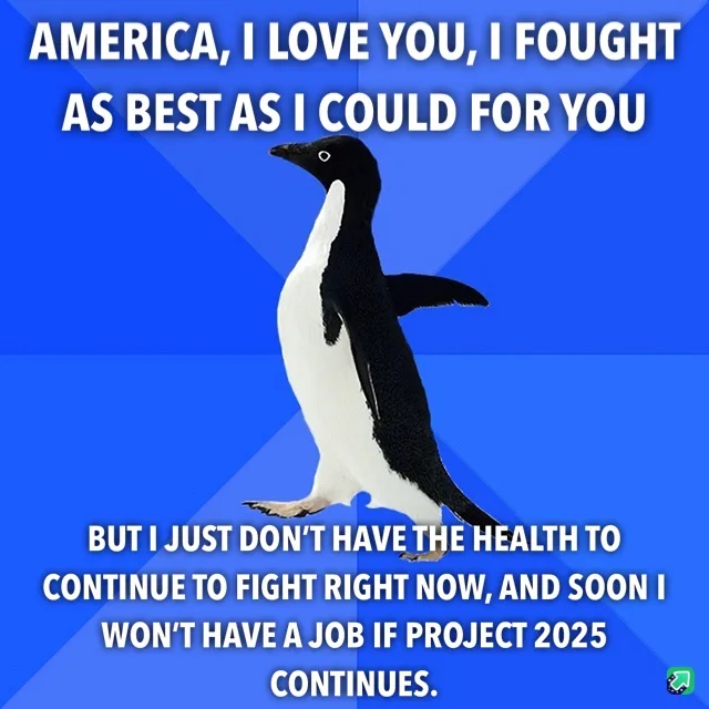 A black-and-white penguin stands against a blue background, with white text overlaid in two sections. The top text reads…