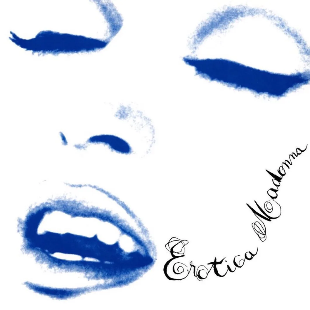 A stylized, blue ink sketch shows partial facial features including eyes, nose, and an open mouth with visible teeth against…