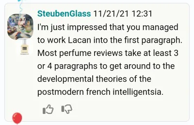 A screenshot of a Reddit comment by user SteubenGlass from November 21, 2021, expressing mock admiration for a perfume…