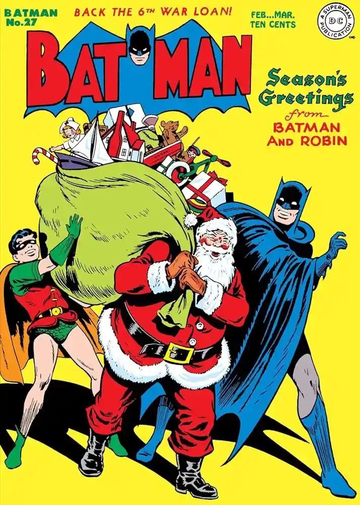 A vintage Batman comic book cover, issue #27, features Santa Claus carrying a giant sack of gifts while Batman and Robin…