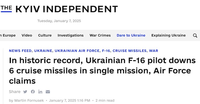 A screenshot of a Kyiv Independent news article dated January 7, 2025, with the headline 'In historic record, Ukrainian F-16…