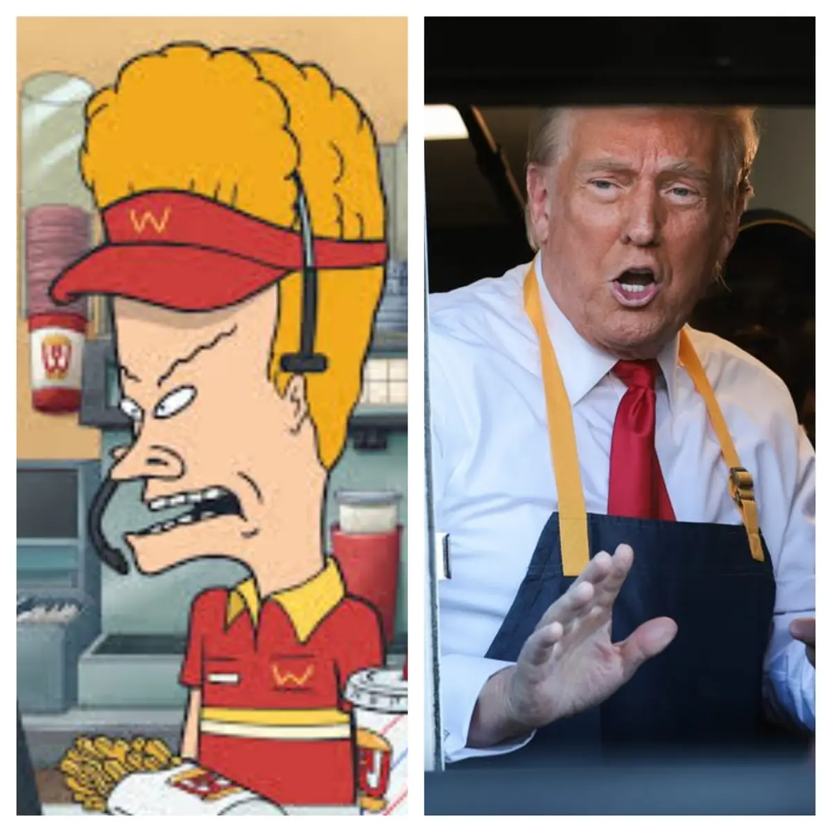 The image is a side-by-side comparison: on the left, a cartoon fast-food worker from the show 'King of the Hill' with an…