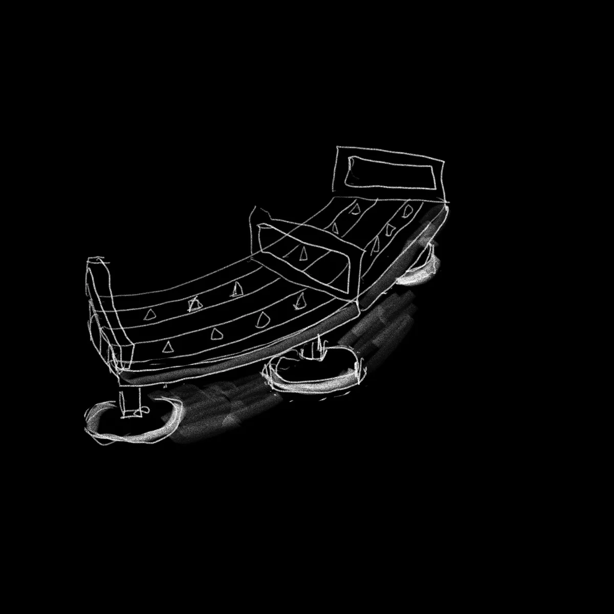 A minimalist white chalk-style sketch on a black background depicts a bed with a pillow, drawn with simple lines and…