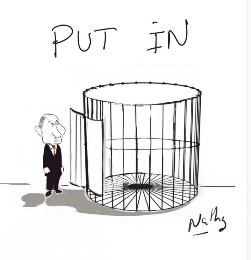 A black-and-white cartoon shows a caricature of Vladimir Putin standing beside an open, empty cylindrical cage. Above the…