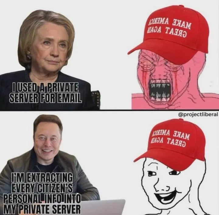 The image is a two-panel meme. Top panel: Hillary Clinton looks serious with text 'I USED A PRIVATE SERVER FOR EMAIL' next…