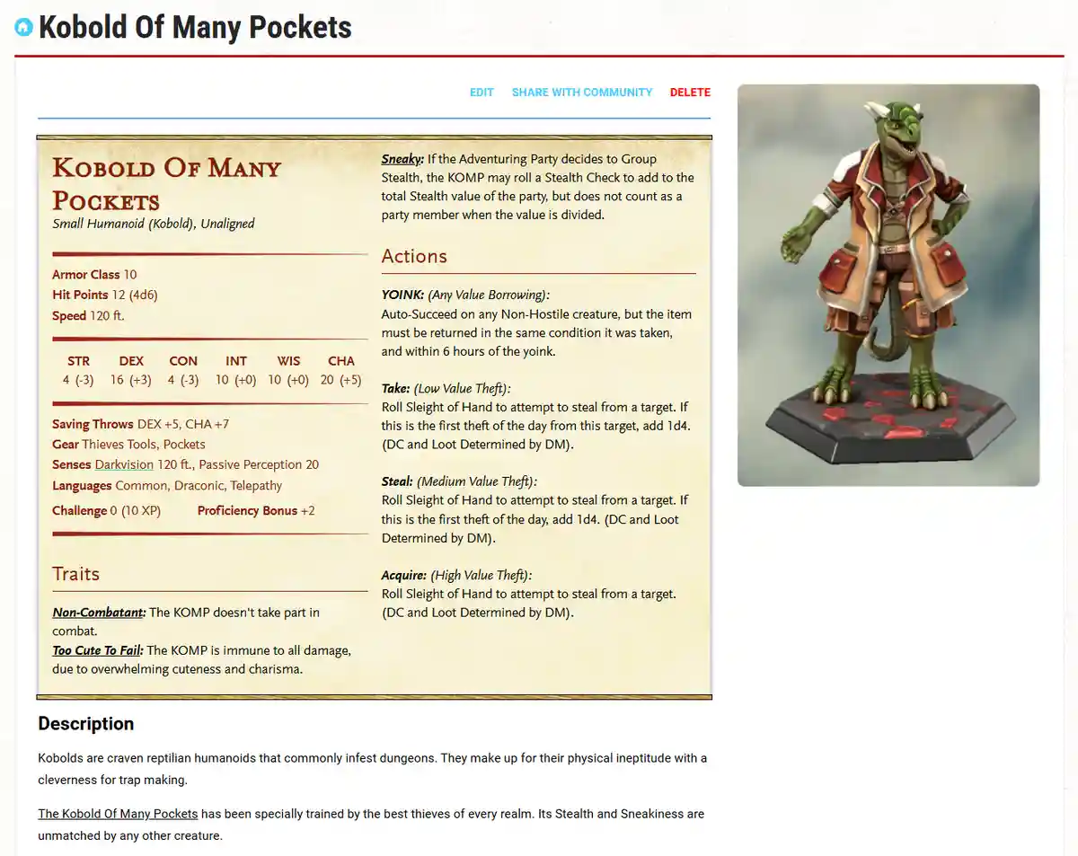 A Dungeons & Dragons character sheet for a 'Kobold Of Many Pockets' shows a green reptilian humanoid in a trench coat with…