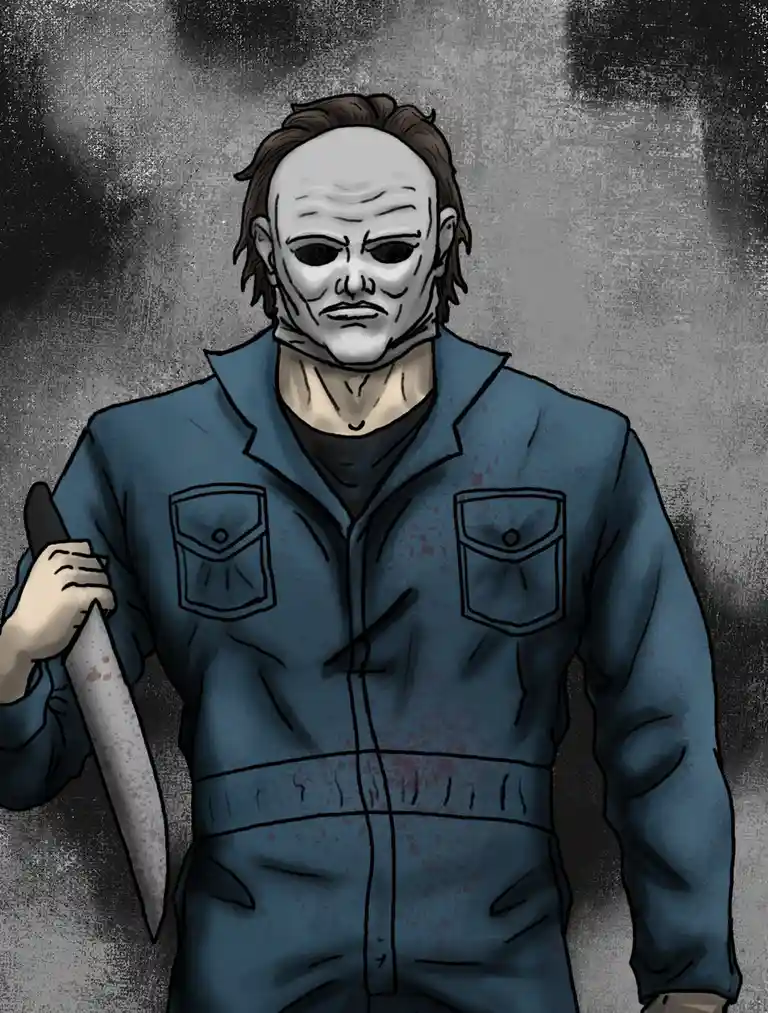 A cartoon-style illustration of a man wearing a white blank-faced mask, holding a bloody knife, and wearing a blue coverall…