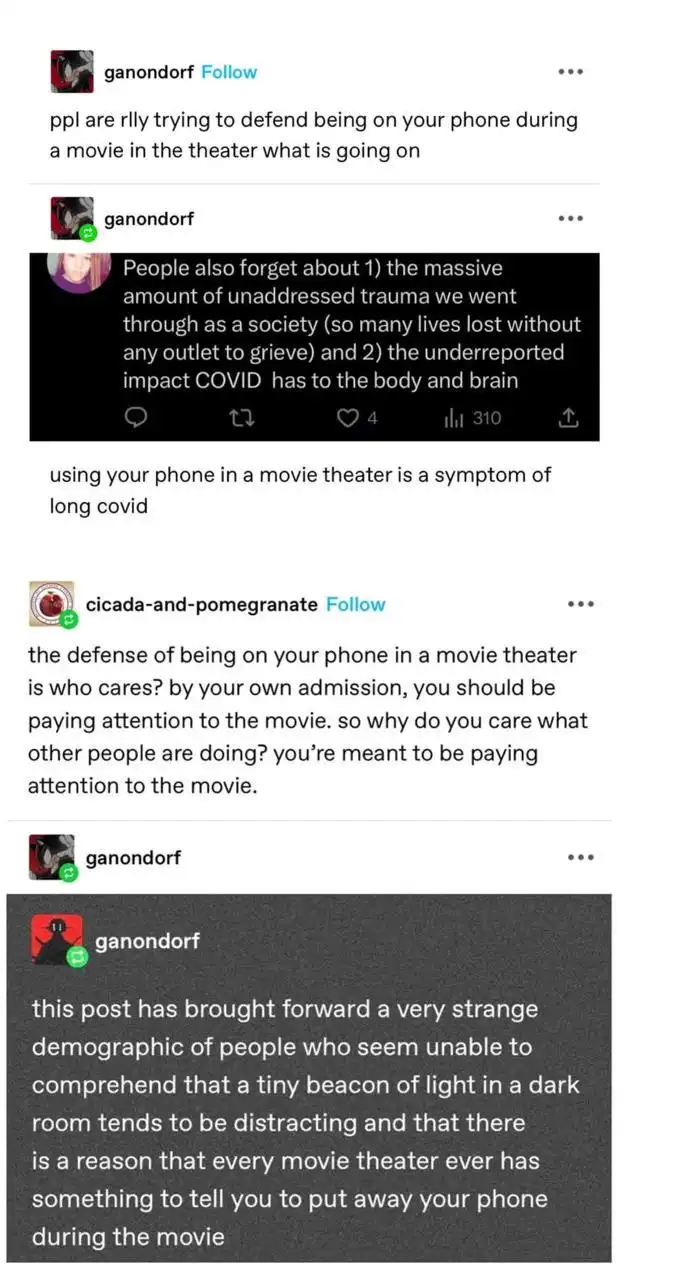 A screenshot of a social media thread where a user named 'ganondorf' posts about people defending phone use in theaters…