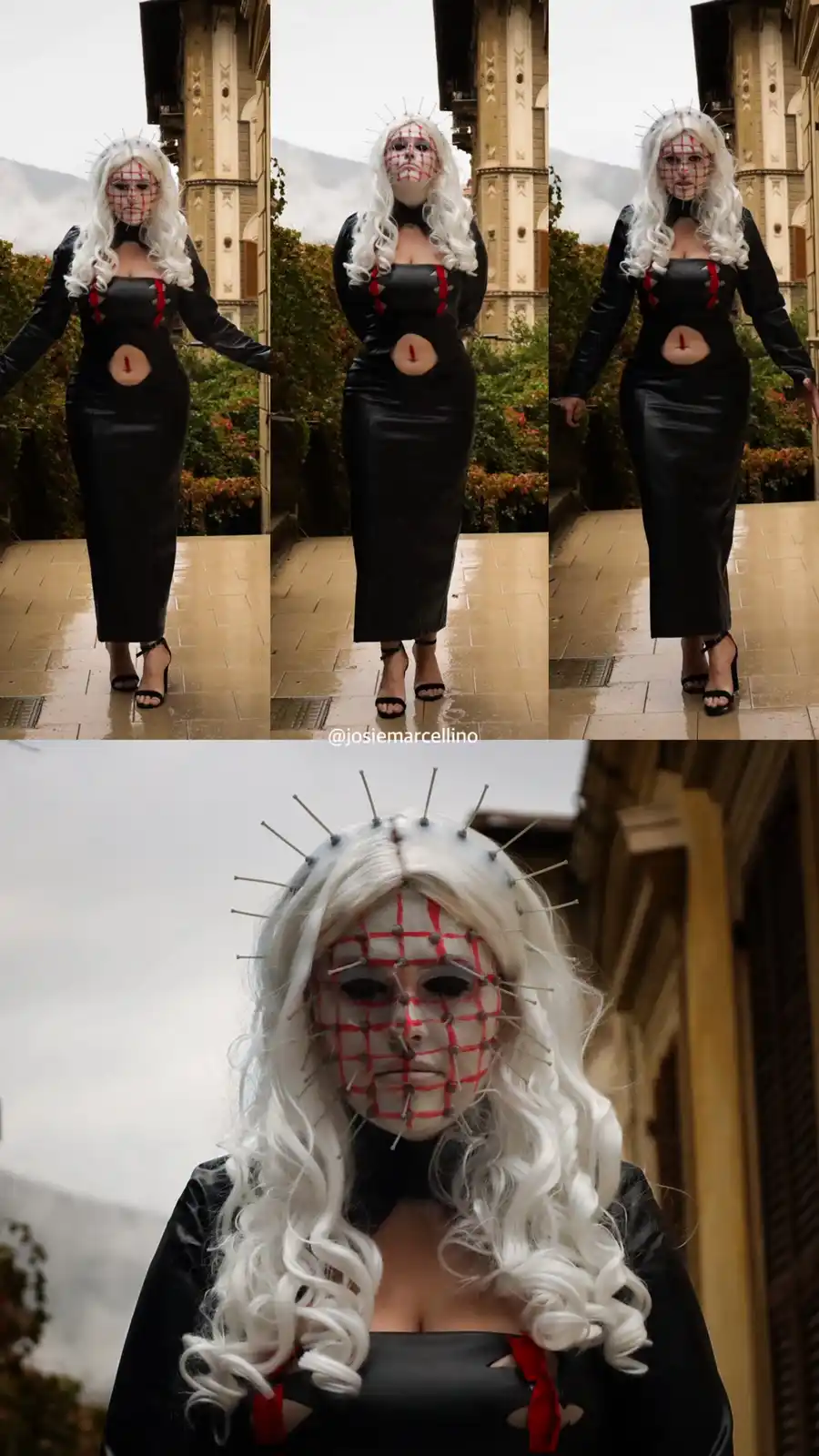 A person in a Pennywise costume from IT, featuring a white wig, red string face, and pins in their head, poses in three…