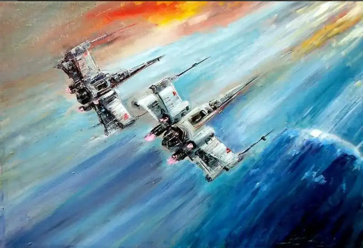A dynamic, painterly depiction of two starfighters, resembling X-wings from Star Wars, flying in close formation against a…