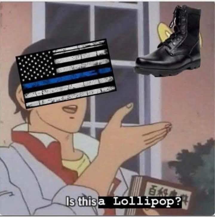 An anime character with a thin blue line flag over their face gestures toward a black combat boot floating in the air. The…