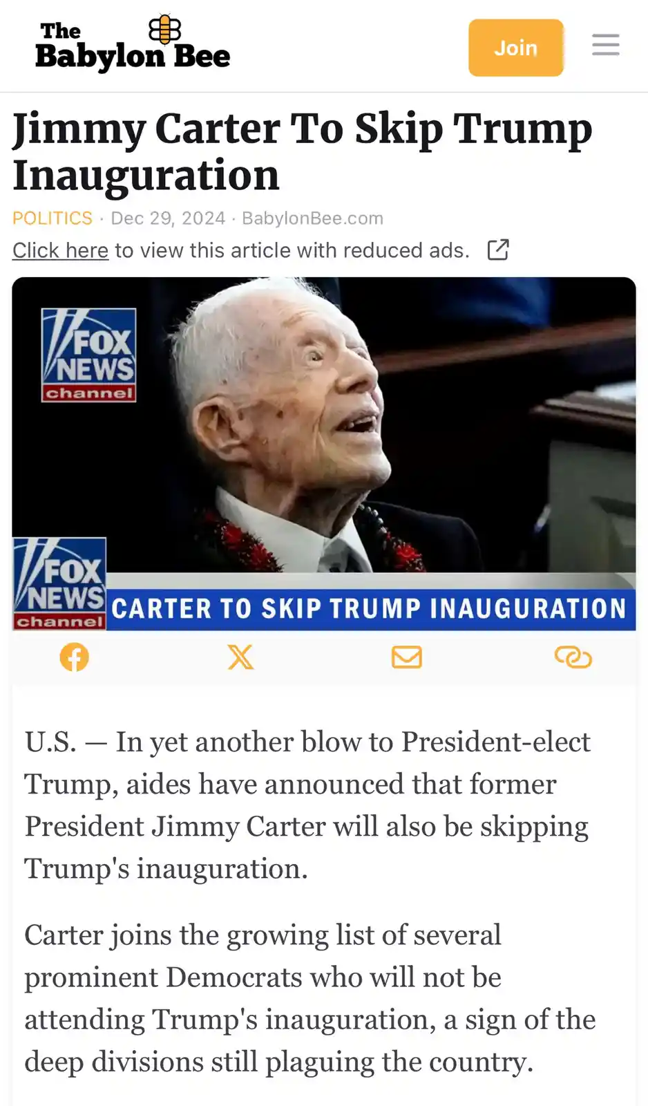 The image shows a screenshot of a satirical Babylon Bee article titled 'Jimmy Carter To Skip Trump Inauguration,' dated Dec…